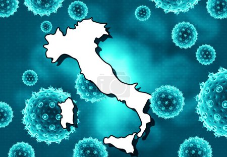 Téléchargez les photos : Attaque au virus Corona en Italie. Italie carte sur fond de virus. Illustration 3d - en image libre de droit