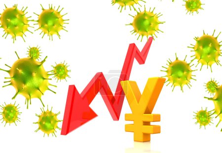 Foto de Coronavirus que afecta a la economía.Yen y flecha que cae. ilustración 3d - Imagen libre de derechos