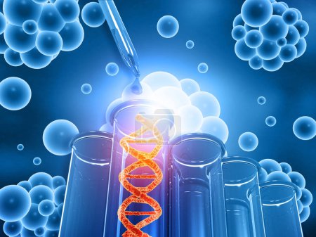 Foto de Molécula de ADN en tubos de ensayo. Imagen del concepto de ingeniería genética. ilustración 3d - Imagen libre de derechos