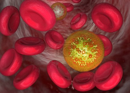 Téléchargez les photos : Virus avec cellules sanguines. Illustration 3d - en image libre de droit