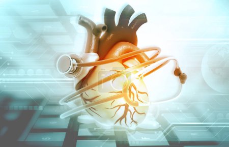 Téléchargez les photos : Coeur humain avec stéthoscope. Traitement en ligne et diagnostics du cœur. Illustration 3d - en image libre de droit