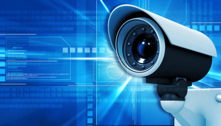 Photo for Modern surveillance camera on abstract technology background. 3d illustration - Royalty Free Image