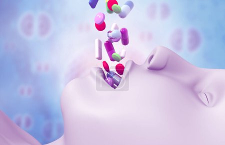 Photo for Medical pills in human mouth. 3d illustration - Royalty Free Image