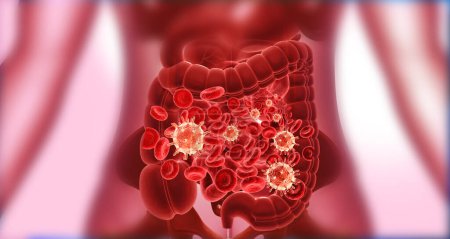 Téléchargez les photos : Système digestif humain avec virus bactérien. Illustration 3d - en image libre de droit