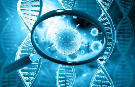 Téléchargez les photos : ADN et cellules virales avec loupe. Illustration 3d - en image libre de droit
