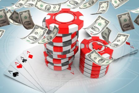 Téléchargez les photos : Cartes rumeurs et jetons de poker de casino avec dollar. Illustration 3d - en image libre de droit