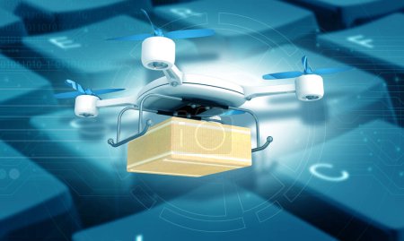 Foto de Drone moderno bajo la tecnología de fondo. ilustración 3d - Imagen libre de derechos