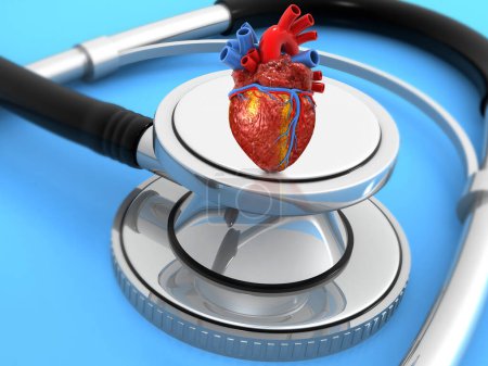 Téléchargez les photos : Stéthoscope avec cœur humain. Illustration 3d - en image libre de droit