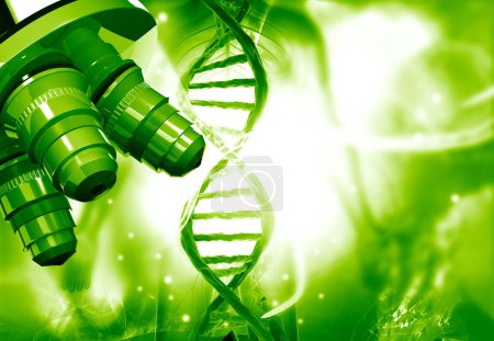 Téléchargez les photos : Microscope avec brin d'ADN sur fond scientifique vert. Illustration 3d - en image libre de droit
