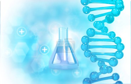 Téléchargez les photos : Fiole de chimie avec modèle de molécules d'ADN. Illustration 3d - en image libre de droit