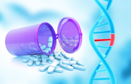 Téléchargez les photos : Pilules médicales avec ADN endommagé. Illustration 3d - en image libre de droit