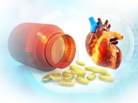 Téléchargez les photos : Human Heart avec des médicaments pilules de santé capsule de drogue. Illustration 3d - en image libre de droit