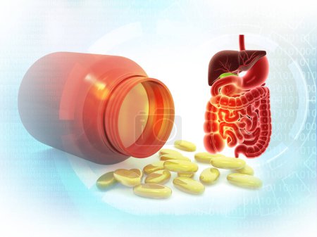 Téléchargez les photos : L'anatomie du système digestif humain avec des médicaments pilules de santé capsule de drogue. Illustration 3d - en image libre de droit