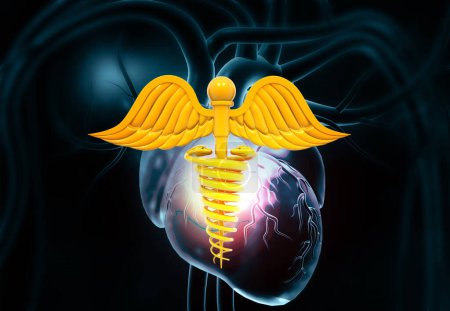 Foto de Símbolo médico caduceo en el fondo del corazón. ilustración 3d - Imagen libre de derechos