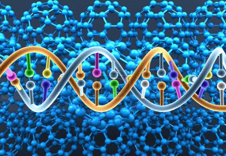 Téléchargez les photos : DNA on  molecules background. 3d illustration - en image libre de droit