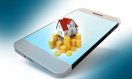 Photo for Smartphone with house and gold coins. Real estate concept. 3d illustration - Royalty Free Image