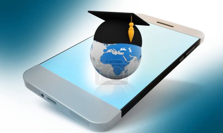 Foto de Smartphone  with Global and graduation hat. online education concept. 3d illustration - Imagen libre de derechos