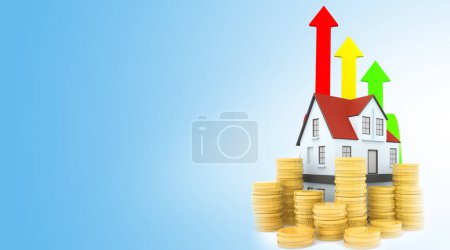 Photo for 3d house and arrow with gold coins. Real estate background. 3d illustration - Royalty Free Image