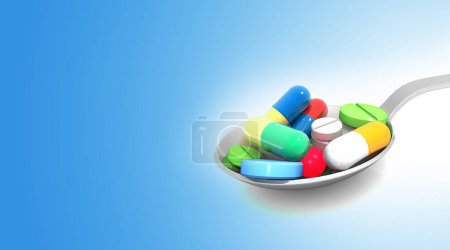 Foto de Spoon of medicine pills on blue background. 3d illustration - Imagen libre de derechos