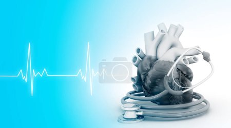 Foto de Human heart and stethoscope on blue medical background. 3d illustration - Imagen libre de derechos