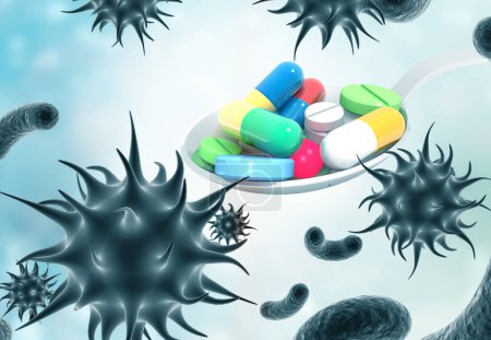 Photo for Virus structure with medicine pills. 3d illustration - Royalty Free Image