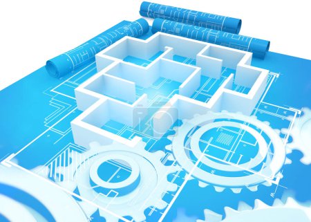 Photo for Building construction blueprints with cogwheels. 3d illustration - Royalty Free Image