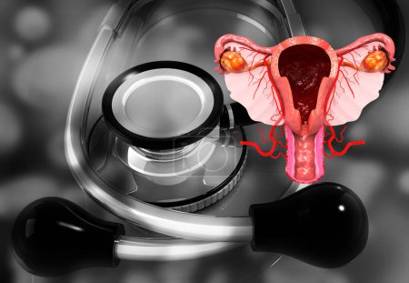 Téléchargez les photos : Anatomie utérine et ovaire féminine de fond stéthoscopique. Illustration 3d - en image libre de droit