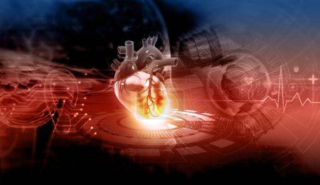 Foto de Corazón humano en el fondo de la tecnología moderna. Investigación médica Hitech. ilustración 3d - Imagen libre de derechos