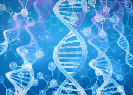 Foto de Moléculas y hebras de ADN en el fondo científico. ilustración 3d - Imagen libre de derechos