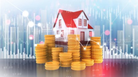 Photo for 3d model house and money on  financial stock market background. 3d illustration - Royalty Free Image