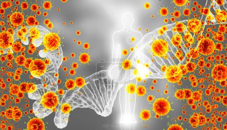 Téléchargez les photos : Cellules virales attaquant un brin d'ADN. Illustration 3d - en image libre de droit