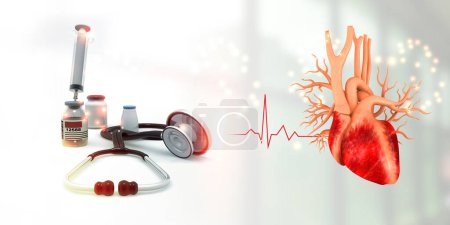 Foto de Modelo de anatomía del corazón humano con estetoscopio y medicamentos. ilustración 3d - Imagen libre de derechos
