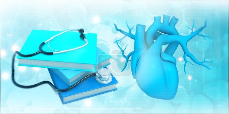 Photo for Stethoscope and books with human heart. Cardiac medicine concept. 3d illustration - Royalty Free Image