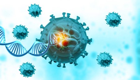 Foto de Virus Omicron con hebra de ADN. ilustración 3d - Imagen libre de derechos