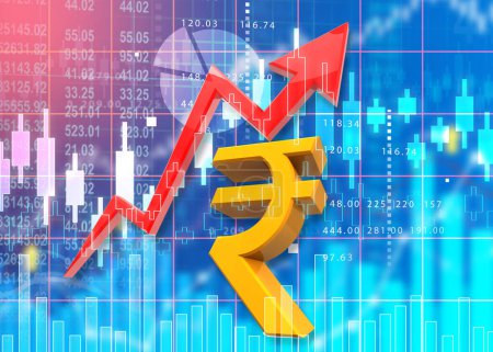 Photo for Indian rupee symbol with arrow graph on stock market background. 3d illustration - Royalty Free Image