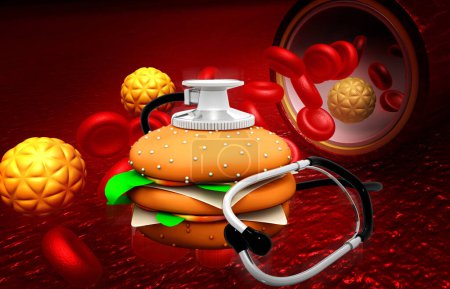 Photo for Burger and stethoscope with bad cholesterol. 3d illustration - Royalty Free Image