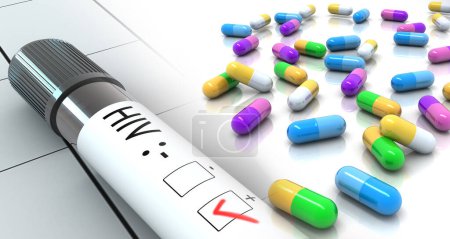 Foto de VIH positivo con píldoras medicinales. ilustración 3d - Imagen libre de derechos