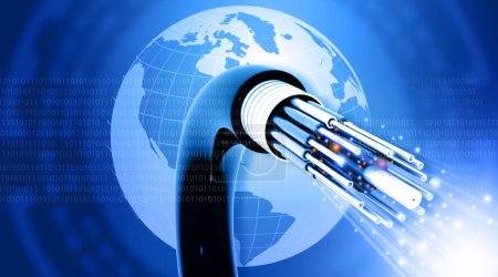 Foto de Cable de fibra óptica sobre fondo mundial. ilustración 3d - Imagen libre de derechos