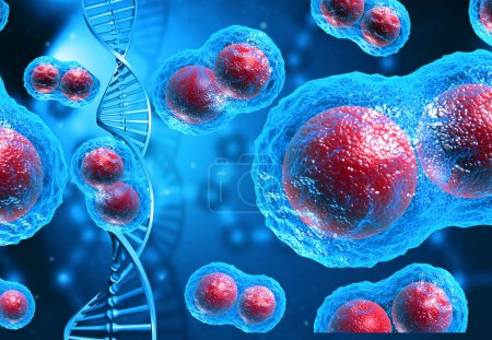 Téléchargez les photos : Cellules cancéreuses avec brin d'ADN. Illustration 3d - en image libre de droit