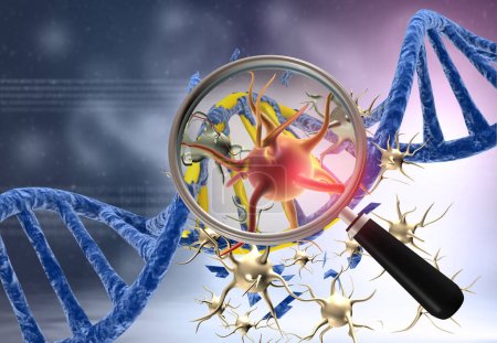 Foto de Virus y ADN con lupa. ilustración 3d - Imagen libre de derechos