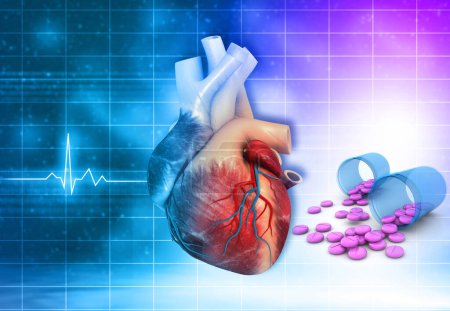 Foto de Corazón humano con pastillas medicinales en el fondo médico. ilustración 3d - Imagen libre de derechos