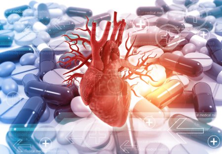 Téléchargez les photos : Coeur humain sur fond de pilules de médecine. Illustration 3d - en image libre de droit
