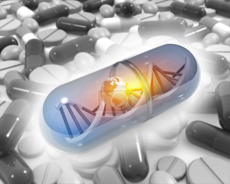 Foto de ADN dentro de las píldoras, terapia génica y medicina genética. ilustración 3d - Imagen libre de derechos