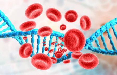 Foto de Estructura del ADN humano con células sanguíneas. ilustración 3d - Imagen libre de derechos