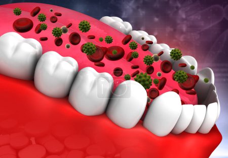 Téléchargez les photos : Les bactéries virales dans la bouche humaine ouverte. Illustration 3d - en image libre de droit