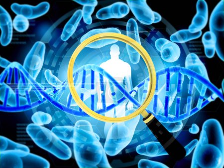 Foto de ADN con lupa. Concepto de investigación del genoma humano. ilustración 3d - Imagen libre de derechos
