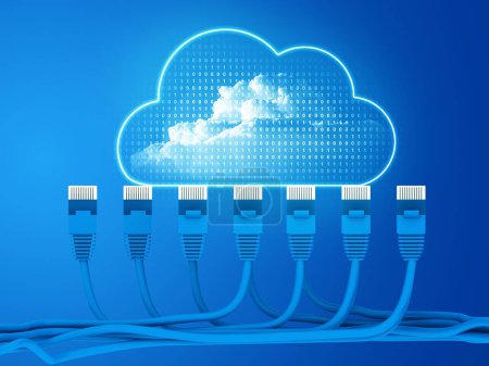 Foto de Computación en nube. cable de red con icono de nube. ilustración 3d - Imagen libre de derechos