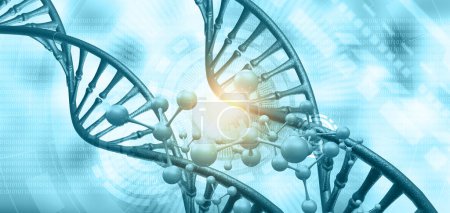 Téléchargez les photos : Volets d'ADN avec des molécules de fond scientifique. Illustration 3d - en image libre de droit