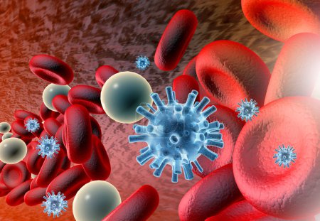 Blutkörperchen mit Virus. 3D-Illustration