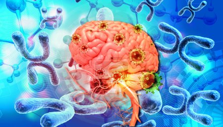 Téléchargez les photos : Cerveau humain et virus avec chromosome. Illustration 3d - en image libre de droit